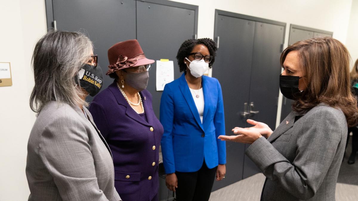 Rep. Kelly talks to Vice President Harris at the White House Maternal Health Day of Action