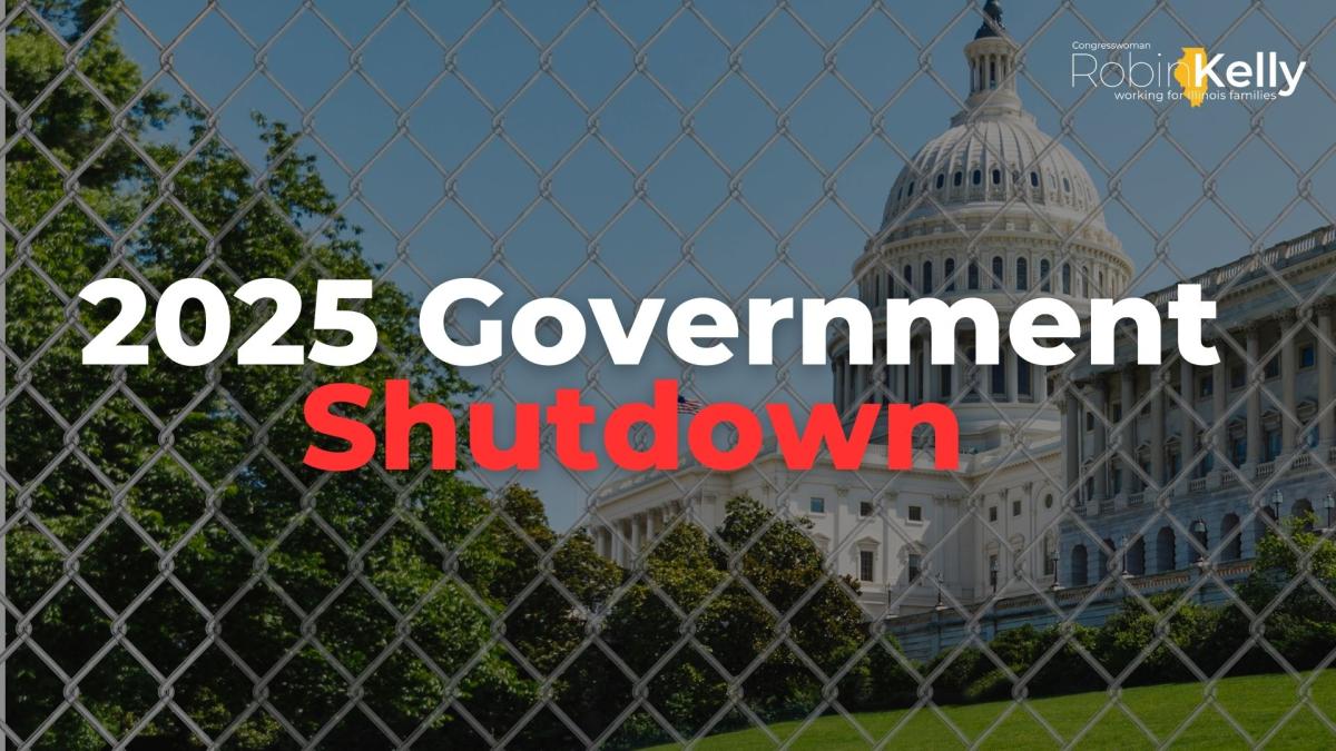 2025 Government Shutdown text overlaying a dark black background with the capitol in the background. 